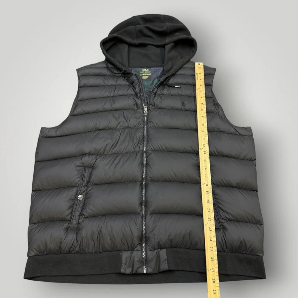 Polo Ralph Lauren Mens Black Hooded Quilted Hybrid Puffer Vest XXL Plaid Lining
